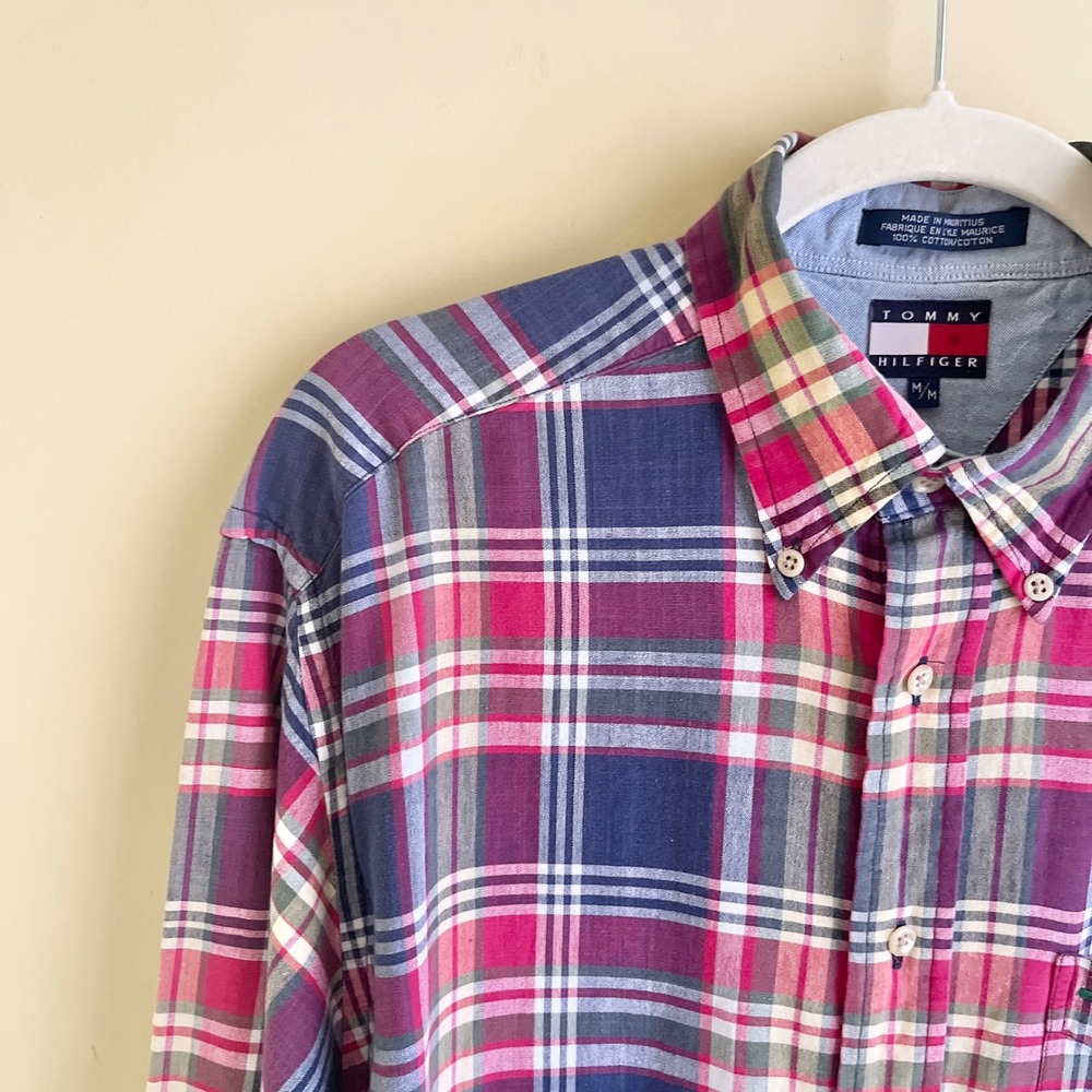 Vintage Tommy Hilfiger Button Up Shirt Men's Medium Plaid 100% Cotton Preppy Top - Picture 6 of 12
